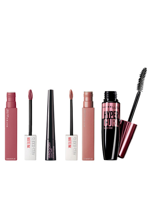 

Maybelline New York Set Of Liquid Lipsticks - Hypercurl Mascara - Glossy Liquid Liner, Brown
