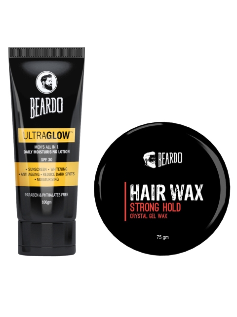 

BEARDO Men Set of Strong Hold Hair Wax & UltraGlow Moisturizing Lotion, Black