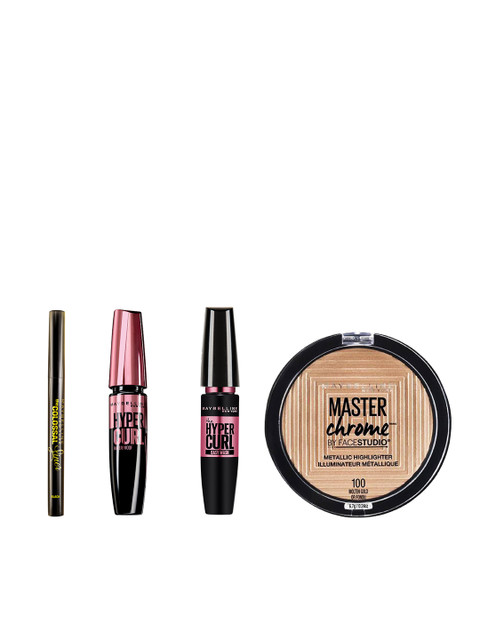 

Maybelline New York Set Of Chrome Highlighter - Colossal Eyeliner - 2 Hypercurl Mascaras, Gold