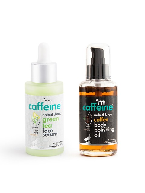 

MCaffeine Set Of Naked & Raw Coffee Body Polishing Oil & Naked Detox Green Tea Face Serum, White