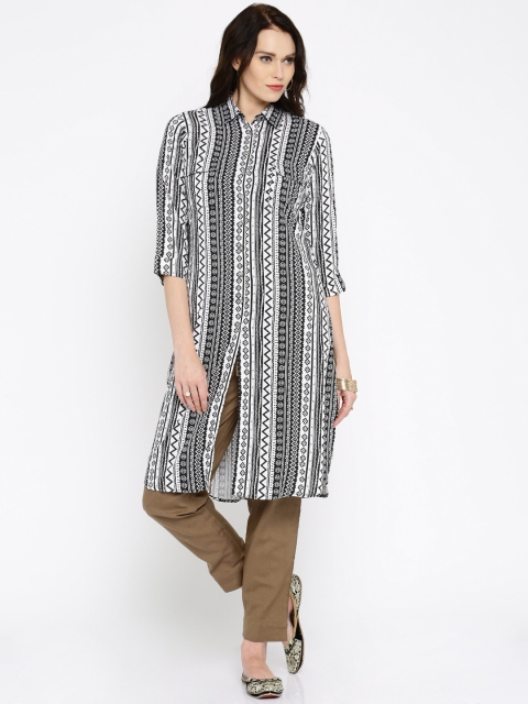 

Anouk Women White & Black Printed Straight Kurta