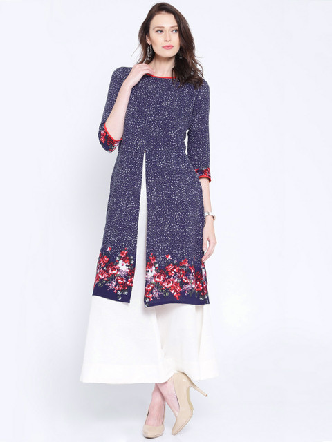 

Anouk Navy Floral Print Kurta, Navy blue
