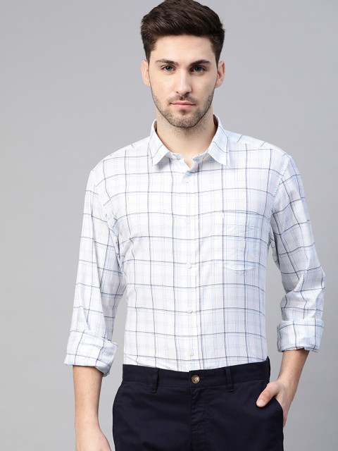 

Indian Terrain Men White & Blue Pure Cotton Slim Fit Checked Smart Casual Shirt