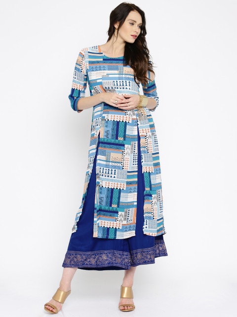 

Anouk Women White & Blue Printed Straight Kurta