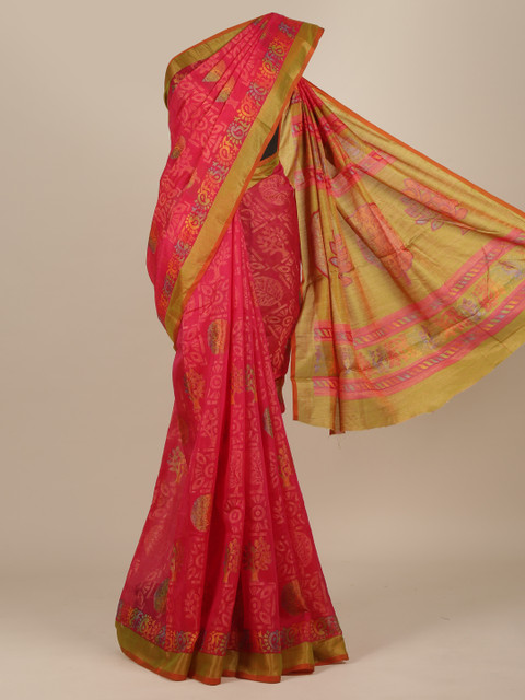 

Pothys Magenta & Gold-Toned Ethnic Motifs Jute Silk Saree