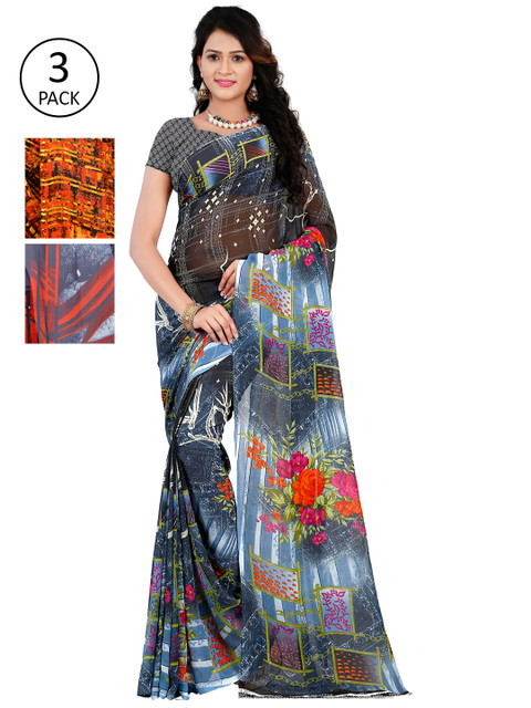 

KALINI Pack of 3 Grey & Blue Floral Sarees