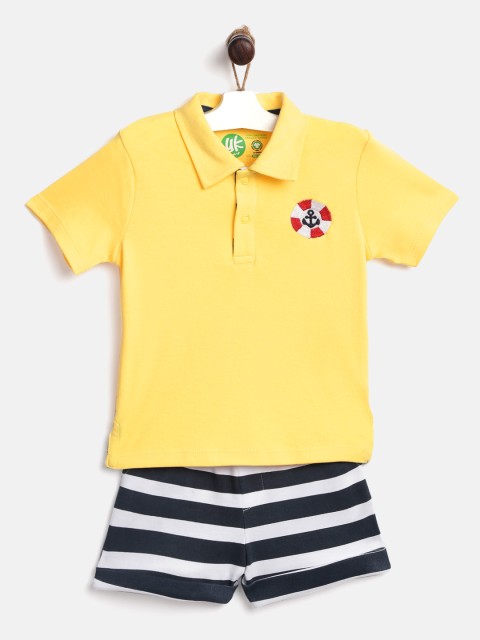 

YK Organic Infant Boys Yellow & Navy Blue Solid Pure Cotton T-shirt with Striped Shorts