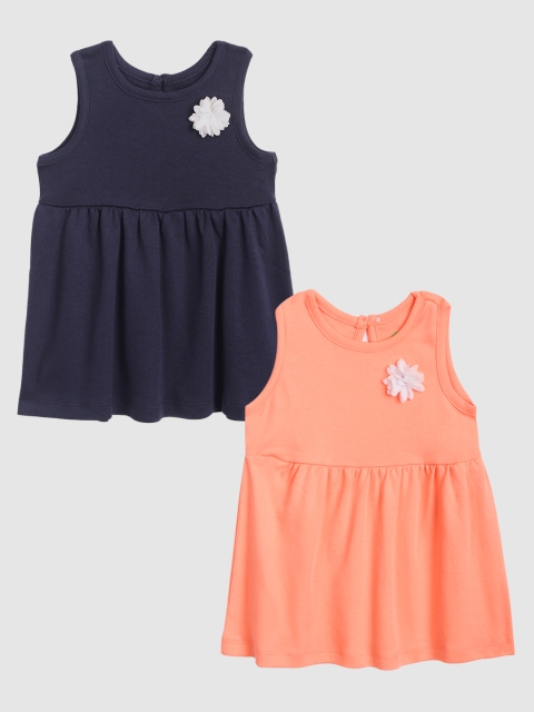 

YK Organic Infant Girls Pack of 2 Pure Cotton Solid Fit & Flare Dresses, Navy blue