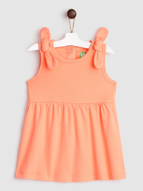 

YK Organic Infant Girls Peach-Coloured Solid Pure Cotton Fit and Flare Dress with Bow Detail