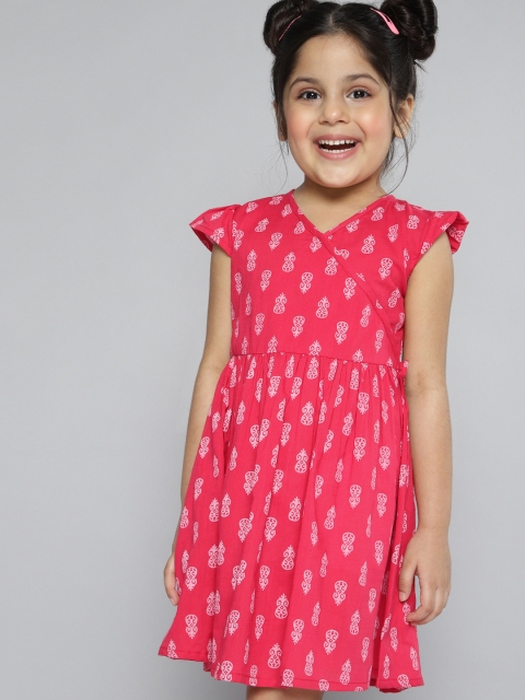 

YK Girls Fuchsia & White Ethnic Motifs Cotton Wrap Dress