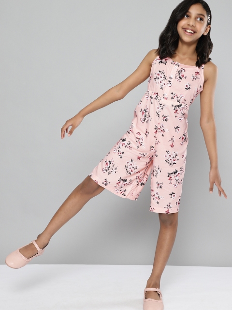 

YK Girls Peach-Coloured & Green Floral Print Culotte Jumpsuit