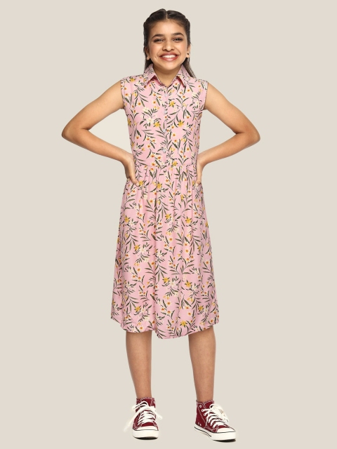 

YK Girls Peach-Coloured & Green Floral A-Line Dress