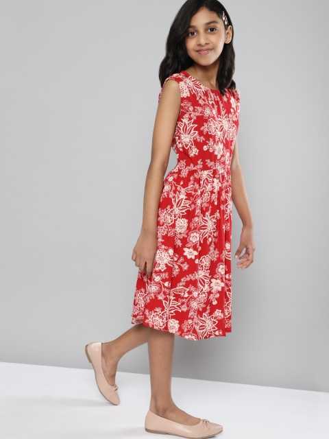 

YK Girls Red & Off White Ethnic Motifs Fit and Flare Dress