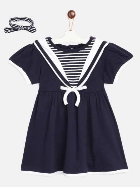 

YK Organic Infant Girls Navy Blue & White Striped Cotton Fit & Flare Dress with Hair Band