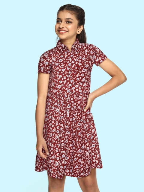 

YK Girls Maroon & Pink Floral Print Shirt Dress