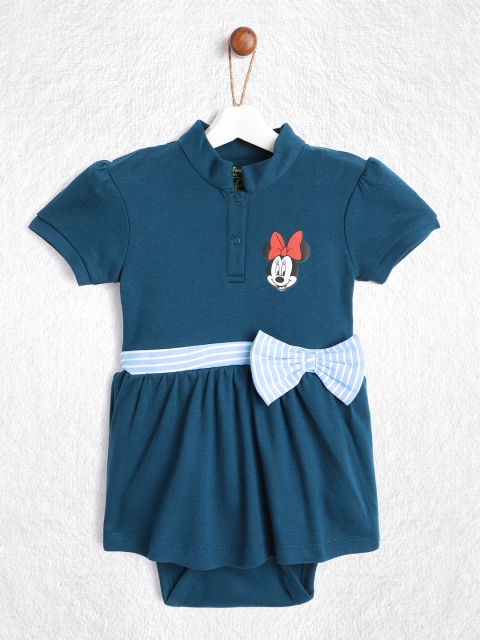 

YK Disney Infant Girls Teal Blue Solid Pure Cotton Bodysuit with Minnie Mouse Print Detail