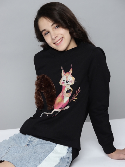 

YK Girls Black & Peach Conversational Print Sweatshirt with Fur Applique Detail