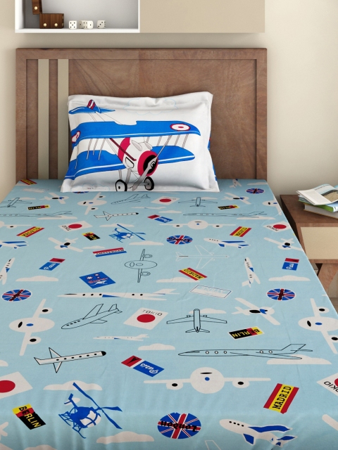 

BOMBAY DYEING Kids Blue Cotton 144 TC Single Bedsheet with 1 Pillow Cover