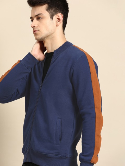 

ether Men Navy Blue Solid Front Open Sweatshirt