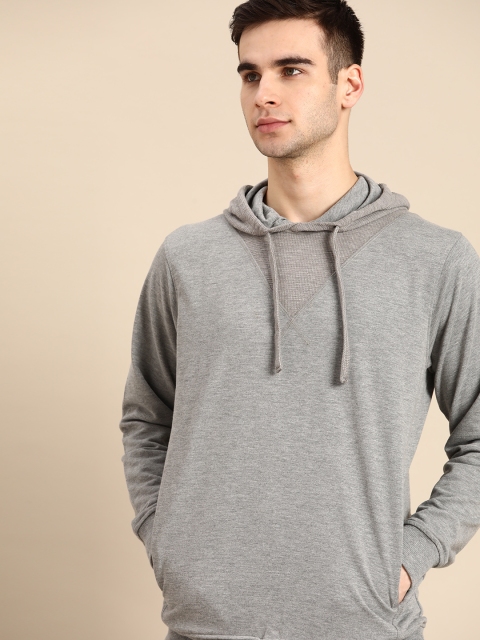 

ether Men Grey Melange Solid Hooded Sweatshirt