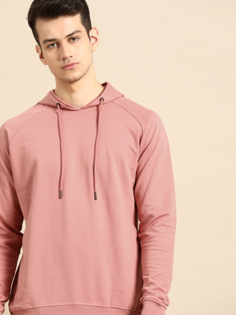 

ether Men Coral Pink Solid Hooded Sweatshirt