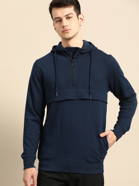 

ether Men Navy Blue Solid Cotton Hooded Sweatshirt