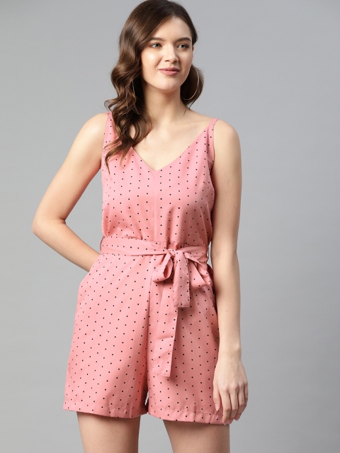 

SIRIKIT Pink & Black Polka Dot Printed Playsuit With Waist Tie-ups