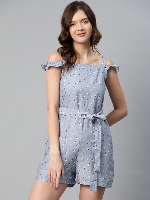 

SIRIKIT Grey & White Floral Printed Playsuit With Waist Tie-Ups