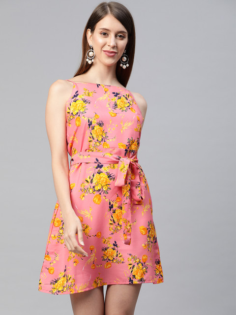 

SIRIKIT Peach & Yellow Floral Crepe A-Line Dress