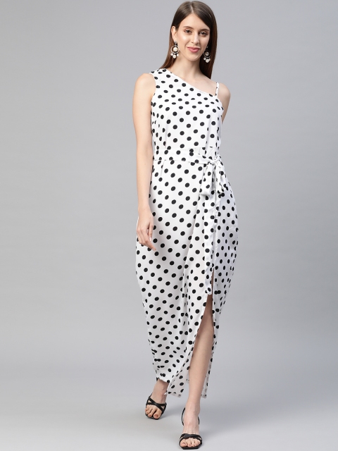 

SIRIKIT White & Black One Shoulder Polka Dot Crepe Maxi Dress