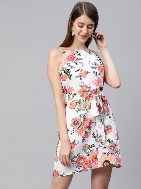 

SIRIKIT White & Peach-Coloured Floral Crepe A-Line Dress