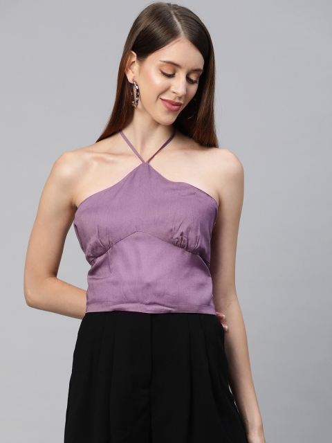 

SIRIKIT Purple Halter Neck Smocked Regular Crop Top