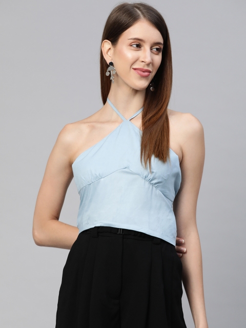 

SIRIKIT Blue Halter Neck Smocked Regular Crop Top