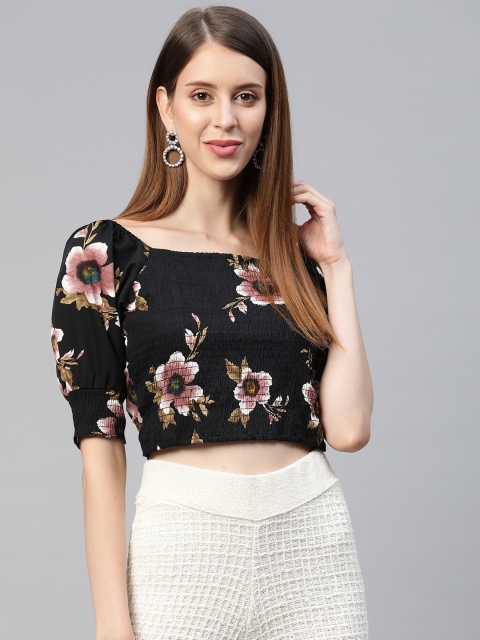 

SIRIKIT Black & Pink Floral Puff Sleeve Smocked Fitted Crop Top