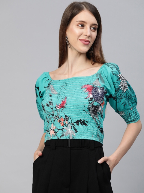 

SIRIKIT Blue & Pink Floral Print Puff Sleeve Smocked Fitted Crop Top