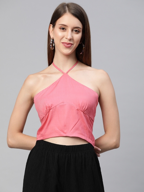 

SIRIKIT Pink Solid Halter Neck Empire Crop Top