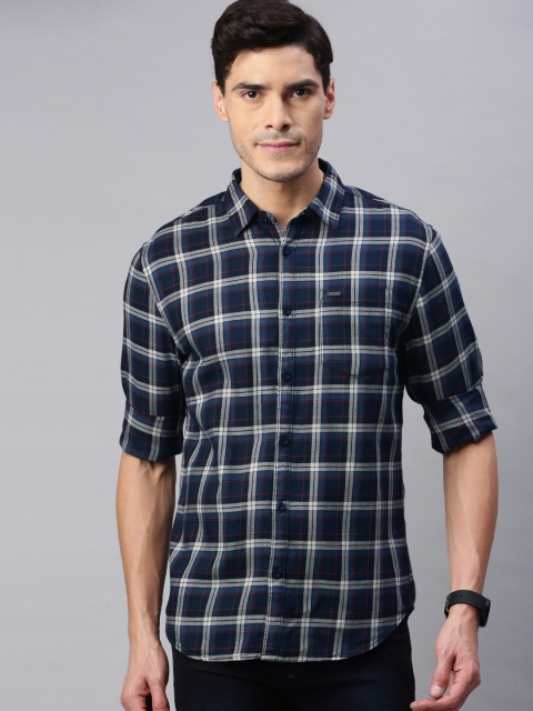 

abof Men Navy Blue Slim Fit Tartan Checks Checked Casual Shirt