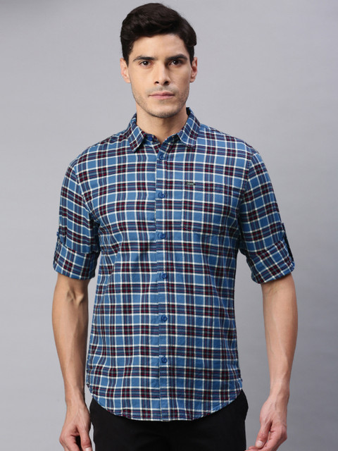 

abof Men Blue Slim Fit Tartan Checks Checked Casual Shirt