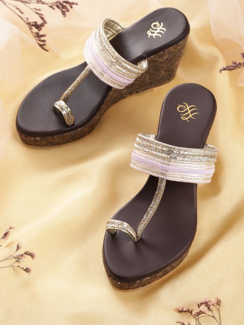 

House of Pataudi Silver-Toned & Gold-Toned Handcrafted Braided Wedges