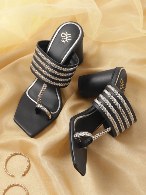 

House of Pataudi Black & Gold-Toned Handcrafted Braided Block Heels