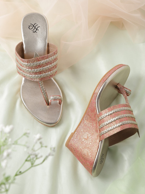 

House of Pataudi Pink Woven Design Wedge Sandals