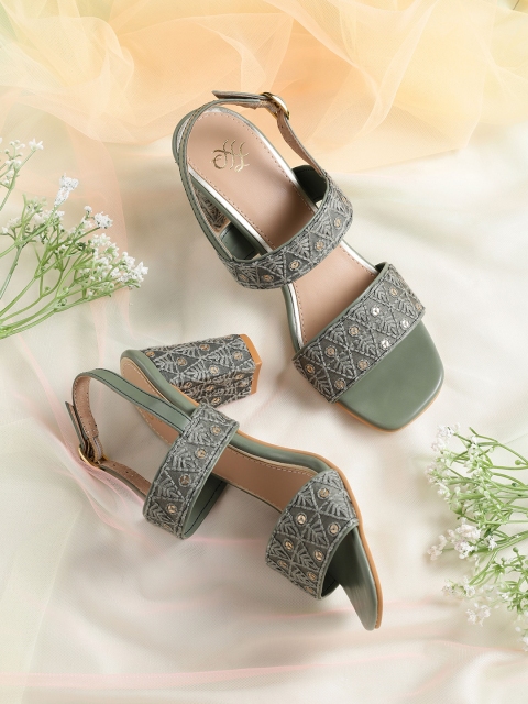 

House of Pataudi Woven Olive Green & Gold-Toned Woven Design Handcrafted Block Heels