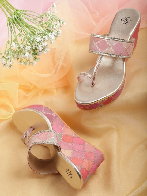 

House of Pataudi Women Pink & Gold-Toned Woven Design Handcrafted Wedges