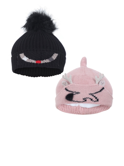 

FabSeasons Girls Pack Of 2 Black & Peach-Coloured Self-Design Beanie Caps