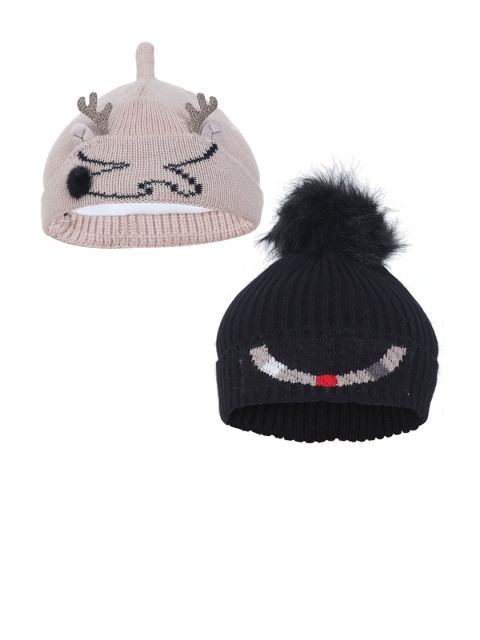 

FabSeasons Pack of 2 Black & Beige Beanie