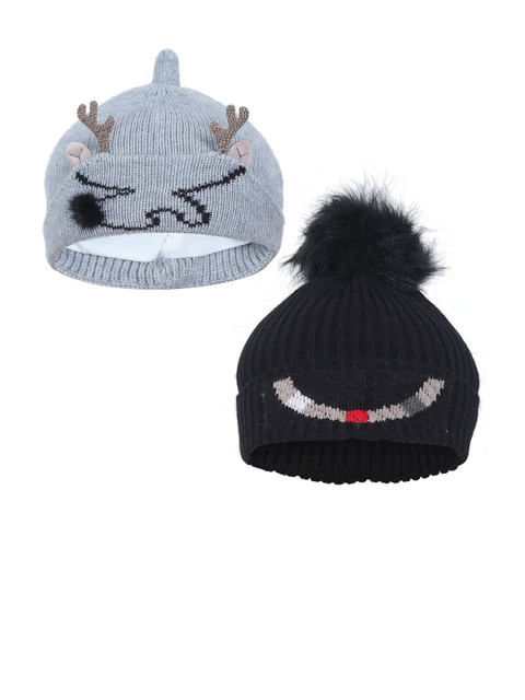 

FabSeasons Boys Pack of 2 Black & Grey Self Design Beanie