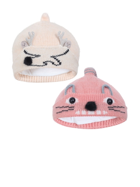 

FabSeasons Girls Peach Pack of 2 Self Design Acrylic Beanie