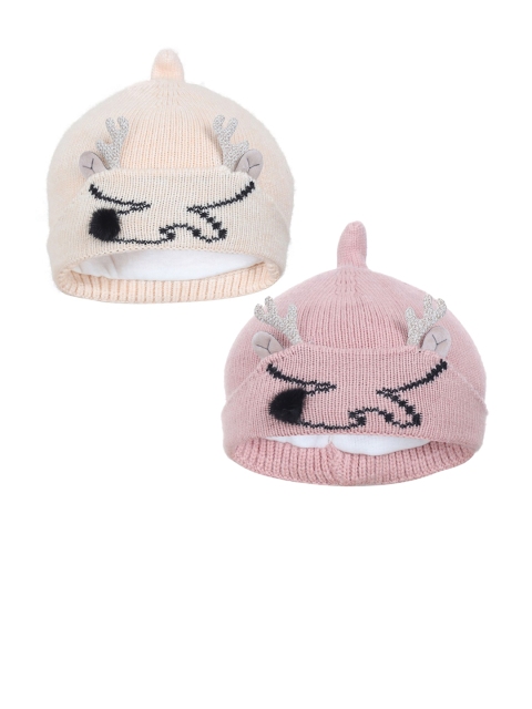 

FabSeasons Girls Pack of 2 Self Design Beanie, Peach