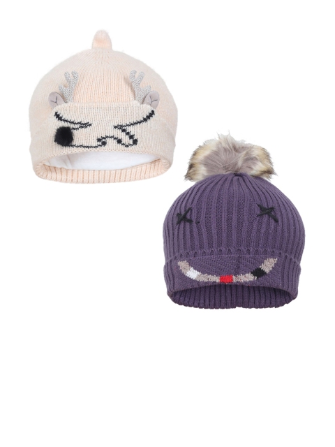 

FabSeasons Girls Pack Of 2 Purple & Beige Self-Design Beanie Caps