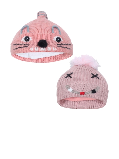 

FabSeasons Girls Pack of 2 Peach-Coloured Self Design Beanie